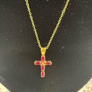 Ruby and Sapphire Cross Pendant Necklace in 18k Gold Over 925 Sterling Silver
